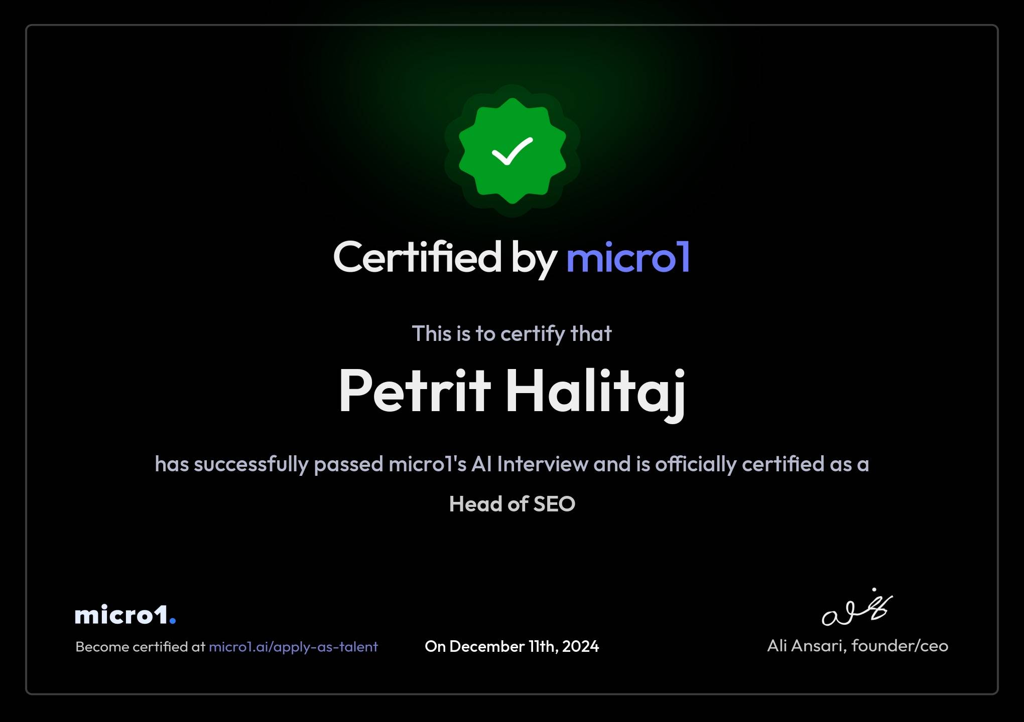 a certification by micro1 for petrit halitaj as a head of seo